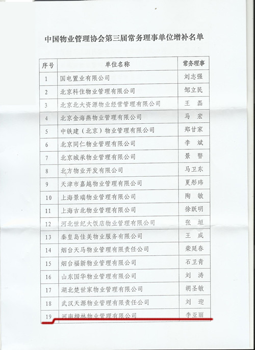楷林物业荣升为中国物业管理协会第三届常务理事单位