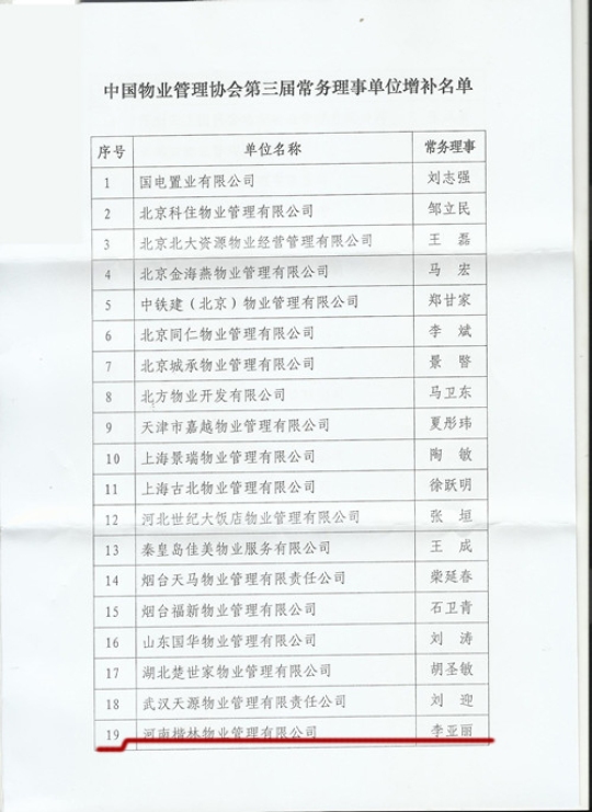 楷林物业荣升为中国物业管理协会第三届常务理事单位
